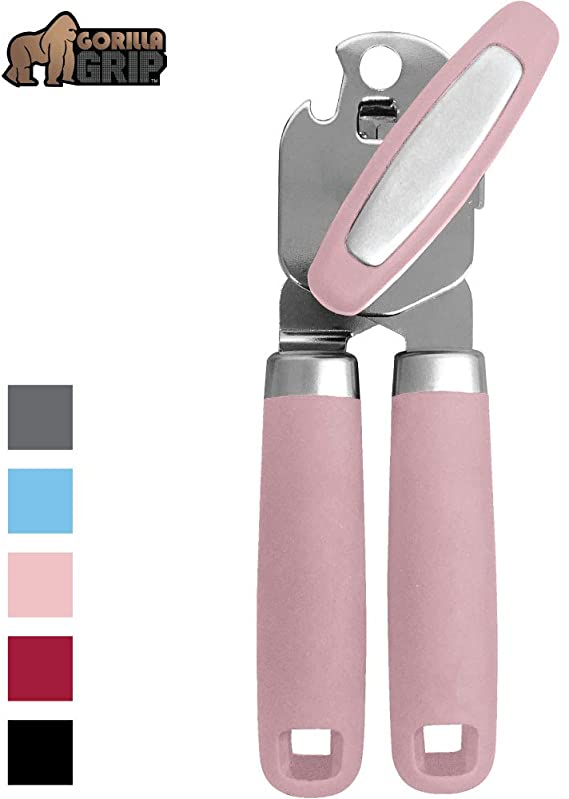 Gorilla Grip Original Premium Manual Can Opener, Comfortable Grip, Oversized Easy Turn Knob, Smooth Edges, Hangs for Convenient Storage, Built in Bottle Opener, Sharp Blades Easily Open Tin Cans, Pink
