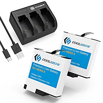 CoolShow Replacement Battery (2-Pack) for Gopro Hero 5 Black with 3-Channel Battery Charger (USB-C Charging Supported),Compatible with Firmware v02.51,v02.00, v01.57 and v01.55