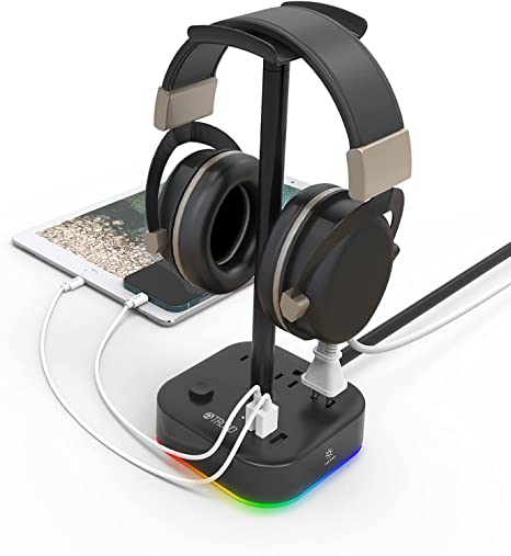 TROND RGB Headphone Stand with 3 USB Charging Ports, 3 Power Outlets, Desk Headset Holder with 5ft Extension Cord, Earphone Hanger, Gaming Room Accessories, for PC Gamer