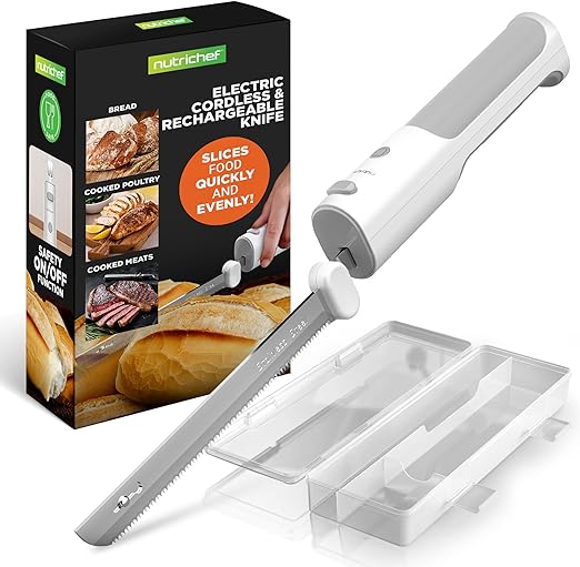 NutriChef Cordless Electric Knife | Easy to Use Constant ON/OFF Safety Function Button | Carve Turkey, Meats, Poultry, Bread, Cheese & More | Lightweight with Contoured Grip Handle (White & Grey)