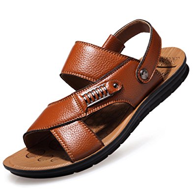 CANRO Men's Soft Leather Sandals Outdoor Breathable Beach Slippers