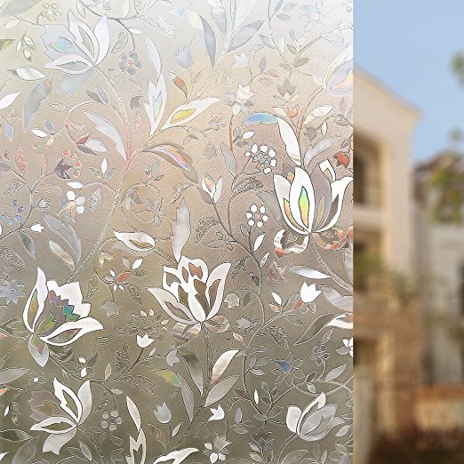 Rabbitgoo 3D No Glue Window Films Static Cling Privacy Film Decorative Film Non-Adhesive Window Stickers Anti UV Decorative Glass Window Privacy Film, 45 x 200Cm Tulip Flower Design for Home Kitchen Living Room Bedroom Office Meeting Room, 17.7In. By 78.7In.