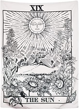 Arfbear Black Tarot Tapestry, The Moon The Star The Sun Tapestry Wall Hanging Medieval Europe Divination White and Black Wall Decor 51.2x59 Inches