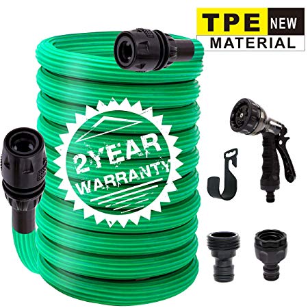 QJR 50FT Garden Hose - New TPE Flexible Expanding Water Hose with 3/4" and 1/2" Fittings - 9 Function Spray Nozzle