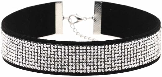 Xjoyous Rhinestone Choker Necklace Adjustable Length 11.8-14.6 Inch Sparkling Rhinestone Wide Thick Velvet Choker Necklace Chain Nightclub Party Jewelry for Women and Girls
