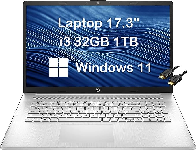 HP 17 Laptop 17.3" HD  (32GB RAM, 1TB SSD, Intel 4-Core i3-1125G4 (Beat i5-1035G4), UHD Graphics) Home & Business Laptop, 9.5-Hr Battery Life, Webcam, Type-C, IST Cable, Win 11 Home in S Mode -2023