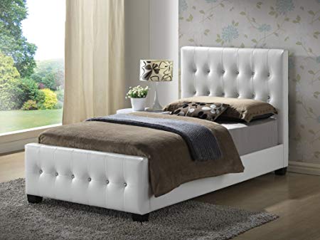 White - Twin Size - Modern Headboard Tufted Design Leather Look Upholstered Bed