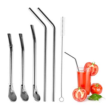 Reusable Stainless Steel Straws and Spoon Straws with Cleaning Brush Tea Straws