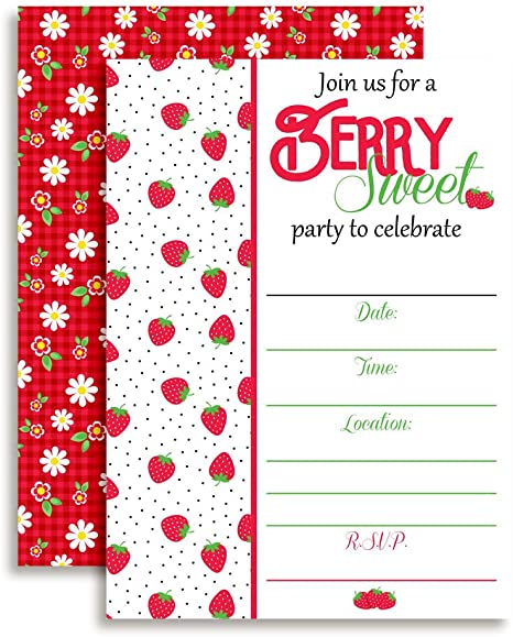 Strawberry Themed Birthday Party Invitations, 20 5"x7" Fill in Cards with Twenty White Envelopes by AmandaCreation