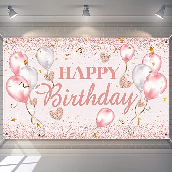 Tatuo Pink and Rose Gold Happy Birthday Party Decorations Supplies Birthday Party Backdrop for Women and Girls Happy Birthday Banner Baby Shower Sweet 16 Photography Background Photo Booth