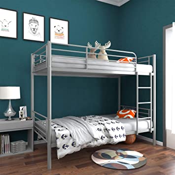 mecor Metal Bunk Bed Twin Over Twin - Sturdy Bed Frame with Safety Guard Rail & Removable Ladder - for Kids/Teens/Adults, Silver Grey