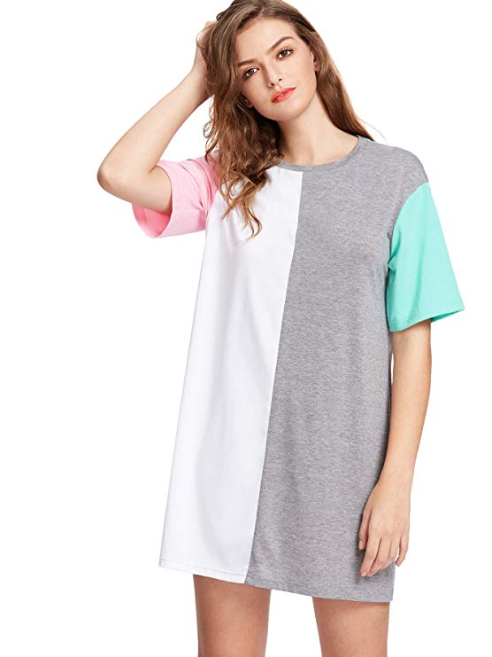 Romwe Women's Color Block Cut and Sew Round Neck Tee Shirt Short Dress