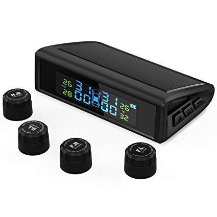 HiGoing Tire Pressure Monitoring System, Solar Wireless TPMS Built-in 450mAh Battery, 4 External Sensors (0-8.0 Bar/0-116 Psi, 49-85℉/65-85℃), 6 Alarms Real-time High Monitor Temperature & Pressure