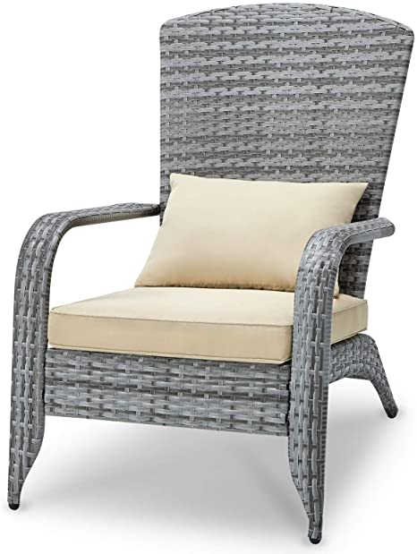 AECOJOY Outdoor Coconino Wicker Chair with Cushion and Pillow, PE Rattan Wicker Patio Dining Chair, Grey Wicker Beige Cushion & Pillow for Garden, Backyard, Porch