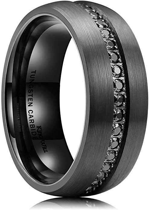 King Will GEM 8mm Mens Black Tungsten Carbide Wedding Ring CNC CZ Inlaid Brushed Surface Domed Style