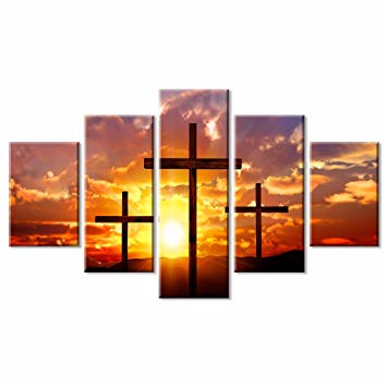 VIIVEI Christian Sunset Crosses Cross Wall Art Christ Poster Canvas Prints Art Home Decor for Living Room Modern Pictures 5 Panel Large HD Printed Painting Artwork Framed Ready to Hang (60" Wx32 H)