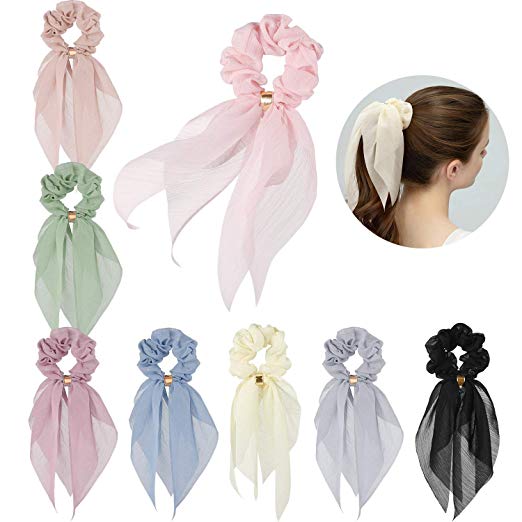 Hair Scarfs for Women Girls, Funtopia 8 Pcs Double Layer Bow Scrunchies for Hair Bunny Ear Scrunchies with Assorted Colors, Elegant Scarf Hair Ties Bowknot Ponytail Holder for Party Travel Daily