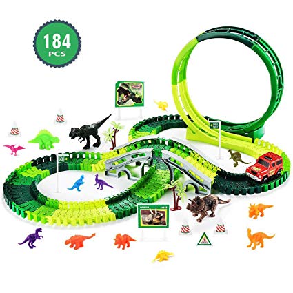 Dinosaur Race Track Kids Toys - 184 PCS Jurassic Dinosaur World 360° Loop Flexible Track Sets Slot Race Car Dinosaurs Group Toys Gifts for 3 4 5 6 7 8 9 Year Old Boys and Girls, Batteries Included