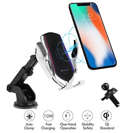 Hinyx Wireless Car Charger, 3 in 1 Qi 10W Fast Wireless Auto-Clamping Charge Car Air Vent Dashboard Mount Phone Holder for iPhone 11 XS Max XR X 8 Plus, Samsung S9/S9 /S8/S8 /S7/Note 8/Note 5