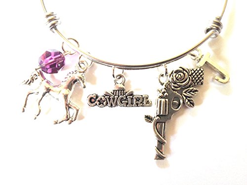 Cowgirl / Western themed personalized bangle bracelet. Antique silver charms and a genuine Swarovski birthstone colored element.
