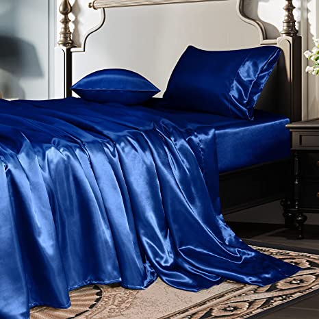 CozyLux Satin Sheets King Size 4-Pieces Silky Sheets Microfiber Navy Blue Bed Sheet Set with 1 Deep Pocket Fitted Sheet, 1 Flat Sheet and 2 Pillowcases, Smooth and Soft