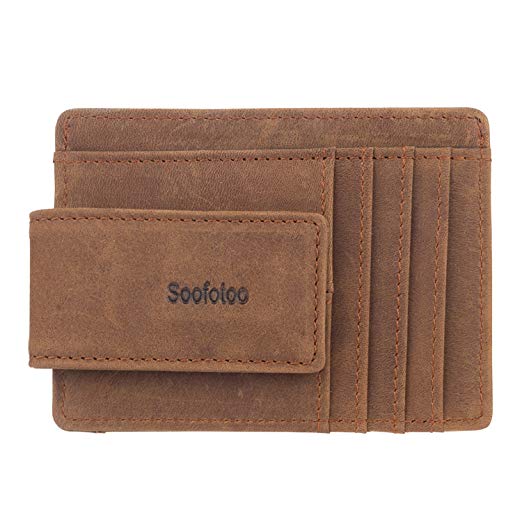 Soofotoo Genuine Leather Money Clip Powerful Magnetic Money Clips Minimalist Card Wallet ID Case ID Window with RFID blocking Stop Electronic Pickpocket (Carzyhorse Brown)