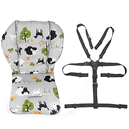Twoworld Baby High Chair Seat Cushion Liner Mat Pad Cover Resistant and High Chair Straps (5 Point Harness) 1 Suit (Grey Sheep)
