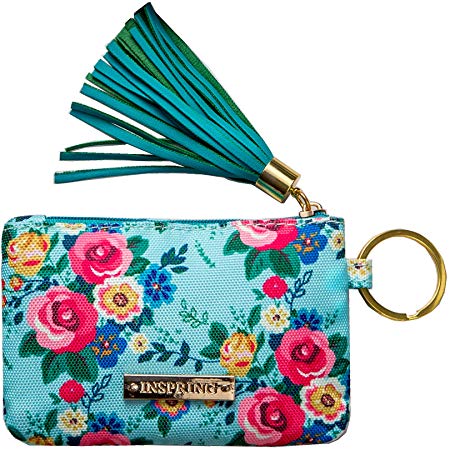 Inspring Zip ID Case Keychain Wallet ID Holder ID Badge Holder for Women Coin Purse with Tassel Floral Fabric