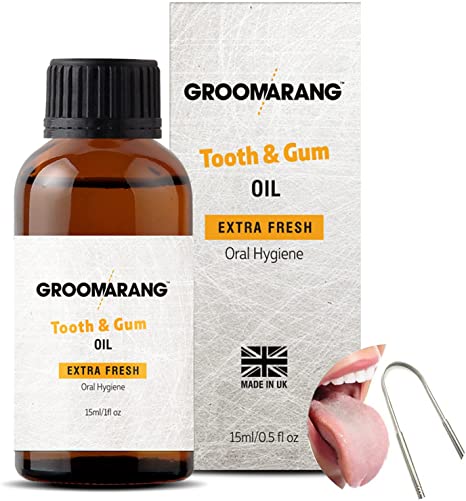 Groomarang Gum Disease Treatment Oil for Gingivitis, Bad Breath & Oral Pain - Made from 100% Pure Botanical Oils (Extra Strength) 15ml Includes Stainless Steel Tongue Scraper