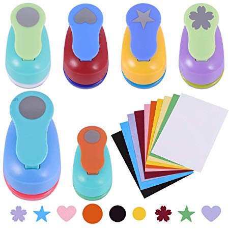 Craft Scrapbook Paper Puncher Set - Includes 1 Inch Shapes Hole Punches (Star, Heart, Flower, Circle), 5/8 and 1.5 inch Circle Punch, 10pcs Paper Cards for Home Arts DIY