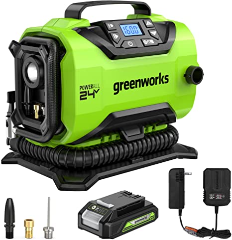 Greenworks 24V Portable Air Compressor - Cordless Tire Inflator Air Pump, MAX 160 PSI, 2 Power Sources, Auto Shut Off, for Car, Bicycle, Motocycle, Air Boat，with 2AH battery 2A charger