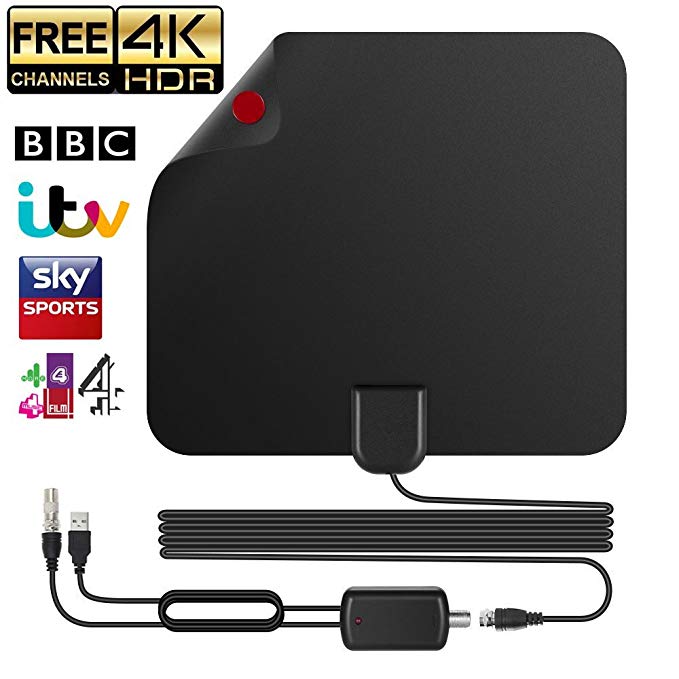 Indoor TV Aerial, Si-maker Updated 2018 Version 0.6mm Paper Thin Digital Freeview TV Aerial Amplified 50 - 60 Miles Range TV Antenna for All Type Smart Television, Support 4K HD VHF/UHF/FM, Window Aerial, Soft Design (Black)