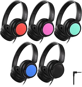 iClever Kids Wired Headphones for School Students K-12 & Teachers, Durable PP Material, Tangle Free, Kids Headphones with Cord Multiple Folding Options Suitable for School/Home/Travel, Bulk 5Pack