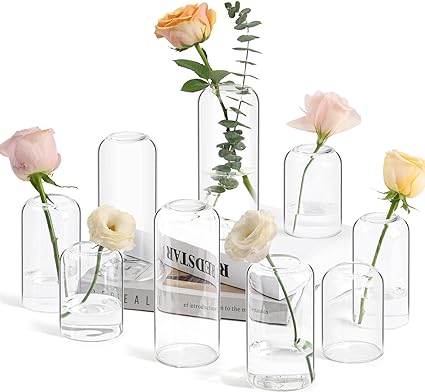 ComSaf Small Flower Vase Set of 9, Glass Bud Vases in Bulk, Clear Vases for Flower, Decor Centerpiece for Bathroom, Decorative Vases for House Warming, Valentines' Day, Mother's Day, Thanksgiving Day