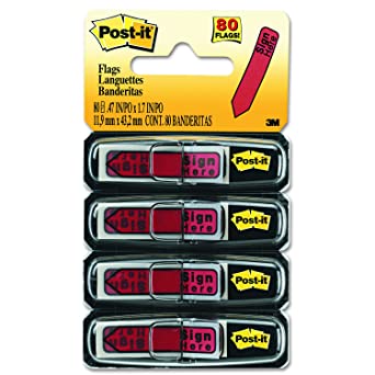 Post-it Message Flags,"Sign Here", Red, 0.47 in. Wide, 20/Dispenser, 4 Dispensers/Pack, (684-RDSH)