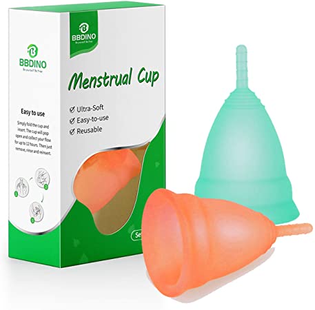 BBDINO Sensitive Menstrual Cups, Pack of 2, Large-Heavy Flow, Soft for Beginner, Made by Germany Medical Grade Silicone, Sensitive Period Cups, Orange and Turquoise
