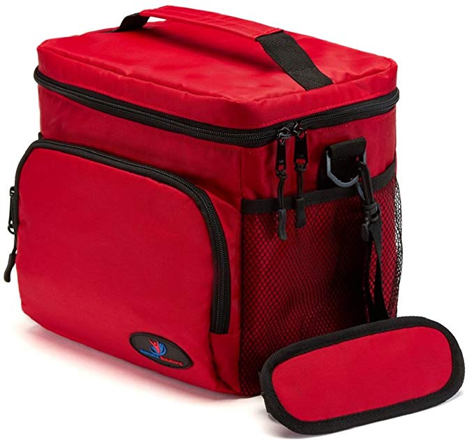 Ramaka Solutions – Insulated Lunch Bag Box, Large Cooler Tote for Men, Women– Stain Resistant Nylon, 5 Compartments, Padded Grab Handle, Non-Toxic Liner Adjustable Detachable Shoulder Strap Pad (Red)