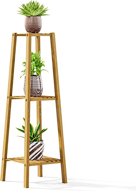 POTEY 3 Tier Tall Plant Stand, Bamboo Corner Plant Stands for Indoor Plants Multiple, Ladder Plant Shelf Rack for Patio Garden, Living Room, Balcony (Original Wood)