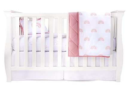 Ely’s & Co. Baby Crib Bedding Sets for Girls — 4 Piece Set Includes Crib Sheet, Quilted Blanket, Crib Skirt, and Baby Pillowcase — Pink Rainbow Design