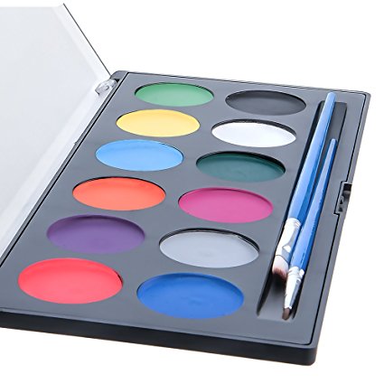 Face Paint for Kids - 12 Color, 2 Professional Brushes, Stencils, Sturdy Slimline Cosmetics Case - Professional Quality Facepaints by Blue Squid - Water Based Fully FDA Compliant - Online Video Guide