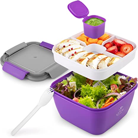 Zulay 52oz Salad Container For Lunch - BPA Free Leak Proof Salad Dressing Container To Go With Smart Lock Design - Salad Lunch Container With Dressing Container & Reusable Spork (Purple)