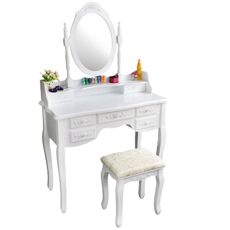 Tribesigns Wood Makeup Vanity Table Set Dresser Desk with Stool and Mirror (1 Mirror   7 Drawer)