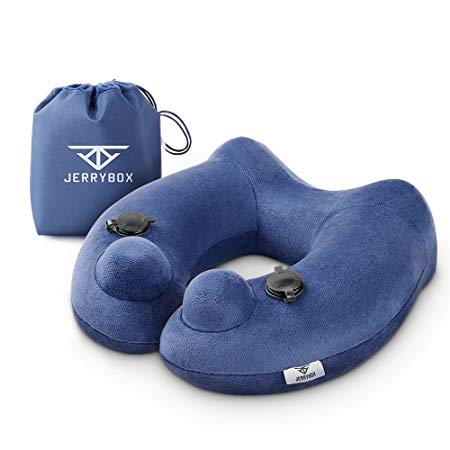 Jerrybox Fastest Inflatable Neck Pillow with 2 Airbags, Travel Neck Support Pillow for Airplanes, Soft Portable Flight Pillow with Packsack (Bone Shaped, Blue)