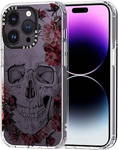 MOSNOVO for iPhone 14 Pro Case, [Buffertech 6.6 ft Drop Impact] [Anti Peel Off] Clear Shockproof TPU Protective Bumper Phone Cases Cover with Red Flower Skull Design for iPhone 14 Pro