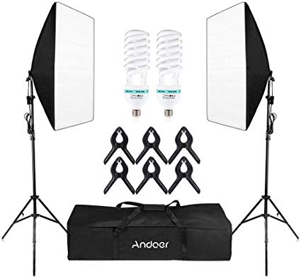 Andoer Softbox Lighting kit, Professional Photography Studio Continuous Equipment with 2pcs E27 Socket 5500K Lighting Bulbs for for Photo, Video, Portrait and Product Shooting