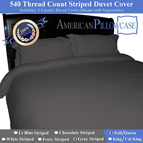 American Pillowcase - Queen / Full Size Bed Striped Duvet Cover - 100% Egyptian Cotton, 540 Thread Count With Wrinkle Guard (Color: Gray)