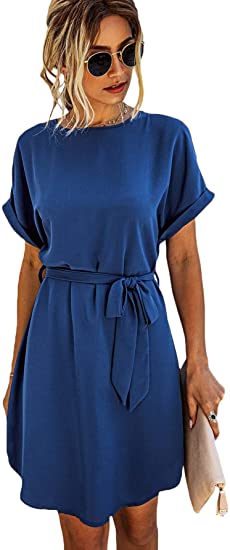 DIDK Damen Tunika Kleid Rundkragen Chiffonkleid Hohe Taille Sommerkleid Kurz Kleider Freizeitkleid mit Gürtel