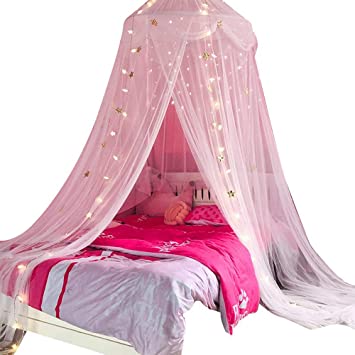 Nattey Comfort Blue Star Lace Net Bed Canopy Curtain (White Star)