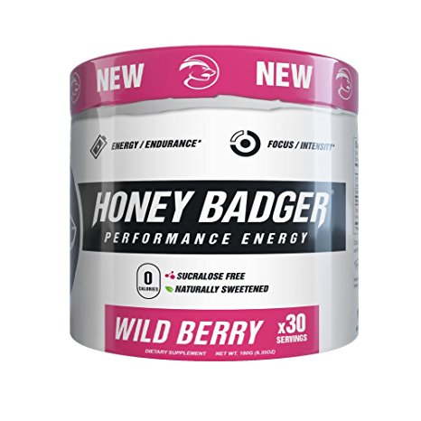 Honey Badger Performance Energy Pre-Workout (Wild Berry / 30 Servings / Sucralose Free / Naturally Sweetened / CarnoSyn ® Beta-Alanine)
