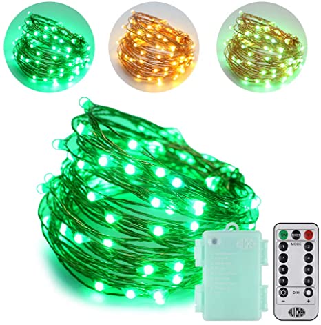RUICHEN String Lights Battery Powered 33Ft 100 LED Color Changing Decorative Fairy Lights 8 Modes Dimmable Waterproof Chirstmas Silver Wire Light with Remote for Outdoor Garden(Green&Warm White)